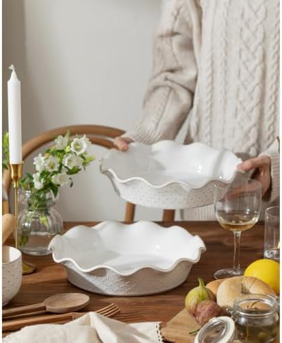 Ceramic Deep Pie Pan for Baking, 11 inch Porcelain Pie Dish for Apple Pie, Oven & Dishwasher Safe, Farmhouse Decor, 48 Ounce Deep Plate for Kitchen, Non-Stick Pie Pans, Embossed Firework