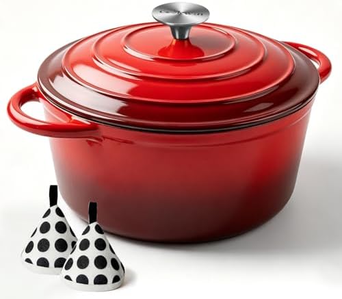 6 Quart Enameled Cast Iron Dutch Oven with Lid, Heavy Duty Cast Iron Pot for Braising, Stews, Roasting, Soup, Casseroles & Bread Baking, Nonstick Enamel Interior, Oven Safe to 500°F
