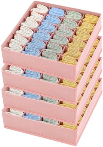 Joyoldelf 4-Pack Pink Fabric Dresser Drawer Organizers, 24-Cell Sock Drawer Divider, Non-woven Material