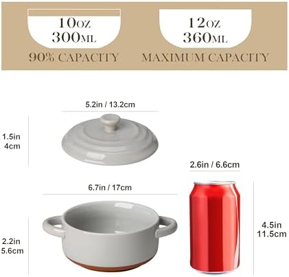 MALACASA Mini Cocotte Set of 4, 12 OZ Ramekins with Lids and Handles