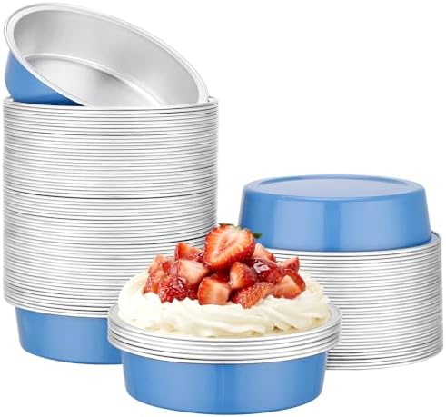 Beasea Disposable Baking Cups, 100 Pack 7.3oz 215ml Aluminum Foil Ramekins Tart Cup Only, 4" Mini Ramekin No Lids Baking Tarts Tin for Party Cupcake Cheesecake Pie - Moon Blue