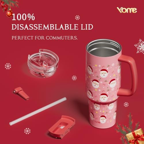 YOME DetaClean 40oz Christmas Tumbler with Handle and Flip Straw for Women | 100% Disassemblable Lid | Stainless Steel Insulated Water Bottle | 100% Leak Proof | Keeps Drinks Cold