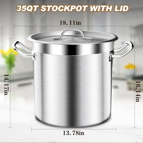 Large Stock Pot - 35QT Stainless Steel Stockpot with Lid, Heavy Duty Tri-Ply Bottom Commercial Grade Stock Pot - Big Pots for Cooking Soup Stew Canning Cooking Pots Even Heat Distribution