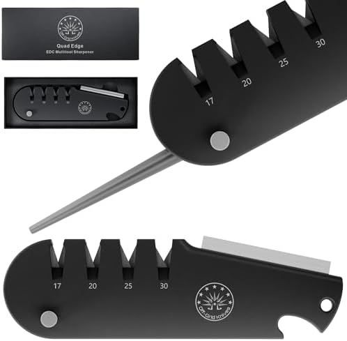Off-Grid Knives - QuadEdge Knife Sharpener with 4 Angles: 17° | 20° | 25° | 30°, Diamond Rod, Fishing Hook Sharpener, Ceramic Honing Stone – Camping, Fishing, Hunting, Boating (Black)