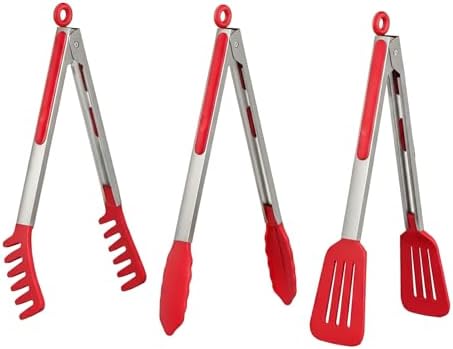 HST Non Stick Silicone Kitchen Tongs, 3 Pack 12 Inch Red BBQ Cooking Baking