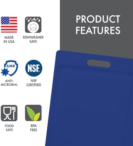 Dexas NSF Certified Polysafe Cutting Board with Handle and Juice Well, 12 x 18 inches, Reversible Kitchen Cutting Board, Blue