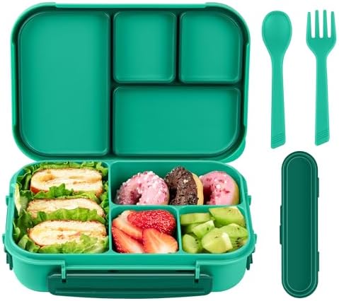 Amathley Lunch Box Kids,Bento Box Adult,Leakproof Lunch Containers for Adults/Kids/Toddler,1200ML-4 Compartments bento Lunch box with Utensil,Microwave & Dishwasher & Freezer Safe (Green)
