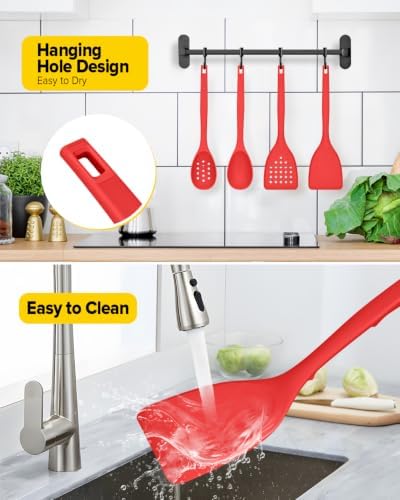 BUNDLEPRO Silicone Cooking Utensils Set, 4 Pcs Spatula and Spoon Set, Red