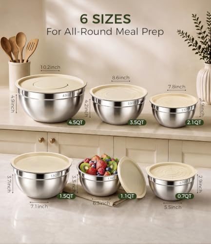 Stainless Steel Mixing Bowls: 6 Nesting Bowls with Lids & 3 Graters