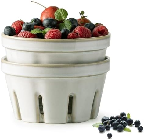 Gomakren Ceramic Berry Basket Set of 2, Fruit Bowl Colanders 5.8 Inch White