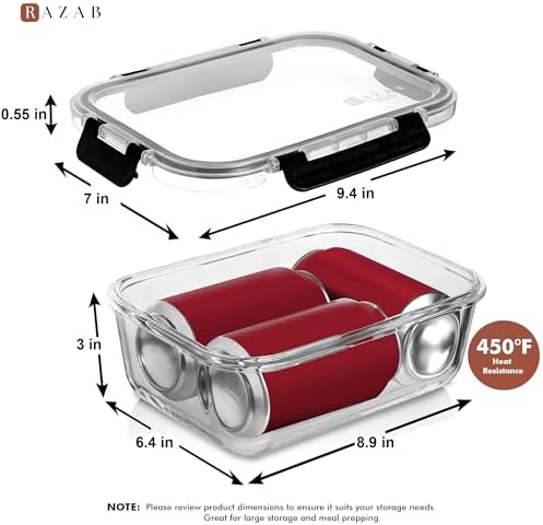 Razab 2 Pcs 1860ml / 63 Oz Large Glass Food Storage Containers with Lids - Glass Meal Prep Containers with Locking Lids for Roasting, Storing Leftover, Lunch Container, BPA Free, Microwave & Oven Safe