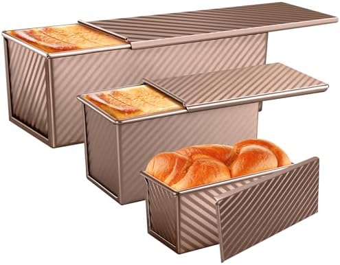 3 Pack Pullman Loaf Pans, Bread Pans with Lids, Golden