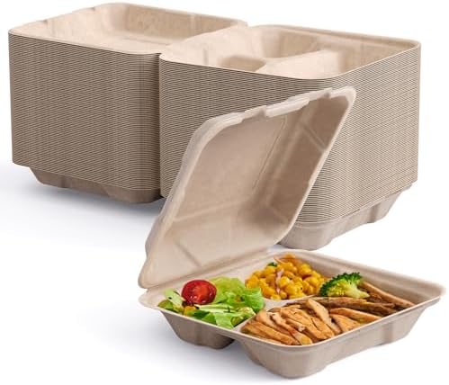 ECOLipak 50 Pack Compostable Take Out Food Containers, 8 inch,3 Compartment