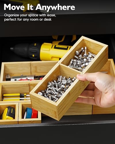 Bamboo Drawer Organizer Set, 6 PCS Trays with 12 Compartments