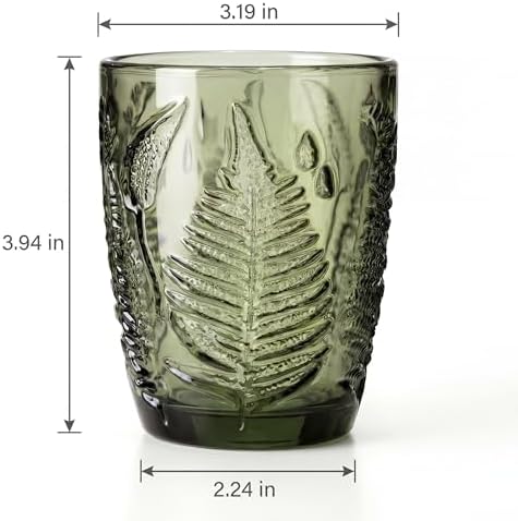 Green Drinking Glasses Set of 8, 10 oz Glass Cups, Vintage Fern Glassware