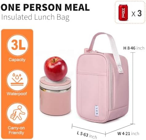 NOL Small Insulated Snack Bag Mini Freezable Cooler Pouch 3L fit 3 Cans | Wide-Mouth 6hours Cool & Warm Lightweight Leakproof Nylon Box for Work Travel Pink