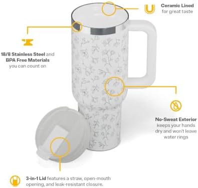 RTIC 40oz Road Trip Tumbler, Insulated, Ceramic Lined, White Magnolias
