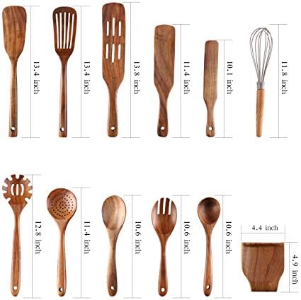 Kitchen Utensils Set, NAYAHOSE 12 Pcs Teak Wooden Cooking Spoons Spatula Spurtles Kit with Spoon Rest Whisk, Non-stick Natural Kitchen Tools