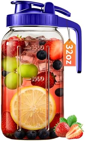 32oz Glass Pitcher with Lid & Spout – 1 Quart Mason Jars, Airtight & Leakproof Breastmilk Pitcher for Cold Brew Coffee, Sun Tea, Water, Juice – Wide Mouth, Fridge Safe