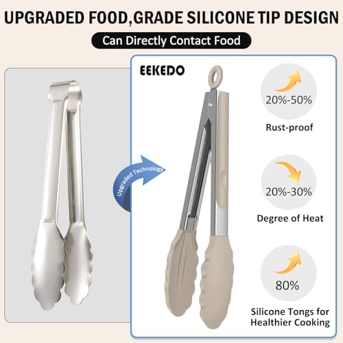 Cooking Tongs with Silicone Tips, 600°F Heat-Resistant, 9" & 12"