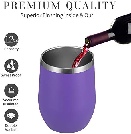 MEWAY 12oz/8 Pack Wine Tumbler Glasses with Lid - Stemless Double Wall Vacuum Stainless Steel Travel Tumbler - Keeping Cold & Hot for Wine,Coffee,Cocktails,Gifts (Purple,Set of 8)