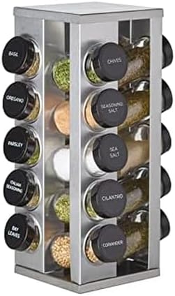 Kamenstein 20 Jar Heritage Revolving Countertop Spice Rack Organizer with Spices Included, FREE Spice Refills for 5 years, Brushed Stainless Steel with Black Caps