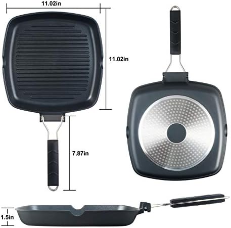 S·KITCHN Grill Pan with Folding Handle, Nonstick Grilling Pan for Stove Tops, Induction Compatible Square BBQ Pan with Pour Spouts - 11 in
