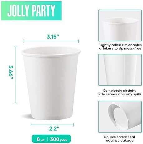 JOLLY PARTY 300Pack 8oz Disposable Paper Coffee Cups White Hot Coffee Cups