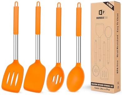 Pack of 4 Silicone Cooking Utensils Set, Non Stick Large Solid Spatulas, Heat Resistant Slotted Spoons, Ideal BPA Free Kitchen Turners for Frying, Mixing,Serving,Draining,Turning,Stirring (ORANGE)