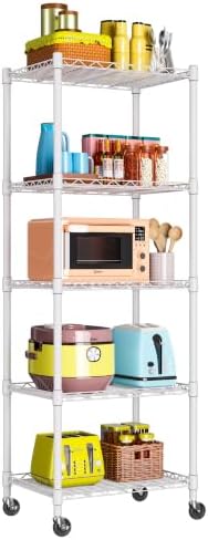 REGILLER 5-Wire Shelving Metal Storage Rack Adjustable Shelves,Standing Storage Shelf Units for Laundry Bathroom Kitchen Pantry Closet(White,11.8" D x 16.6" W x 53.5" H,With Wheels)