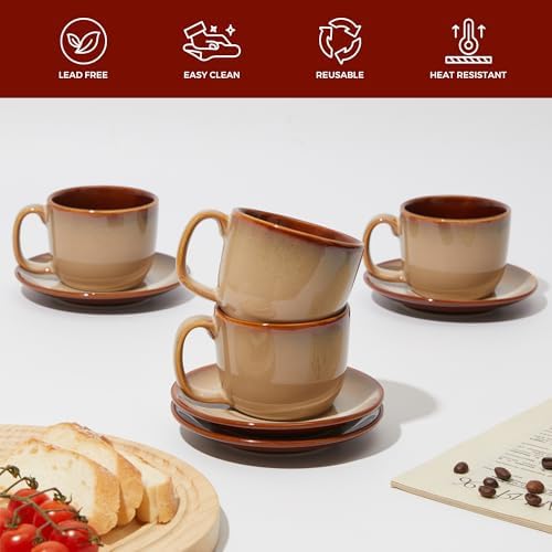 Pokini Stoneware Coffee Cups with Saucers, 6 Oz Cappuccino Cups Set of 4, Microwave & Dishwasher Safe, Perfect For Tea, Espresso, Latte, Ceramic Mugs for Kitchen or Cafe, Brown Yellow