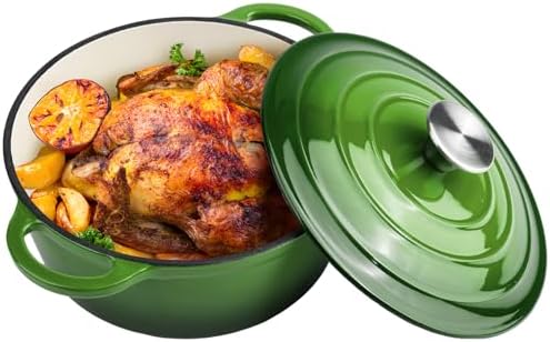 3 Quart Dutch Oven Enameled Cast Iron with Lid - Big Dual Handles - Oven Safe up to 500°F - Classic Round Pot for Versatile Cooking Green