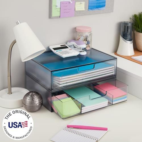 STORi STAX Plastic Stackable Organizer Drawers (Set of 2) Classic Grey | 12.5" Wide | Set Includes One Open Drawer & One Divided Drawer | Organize Office Desk Accessories & Sort Paper | Made in USA