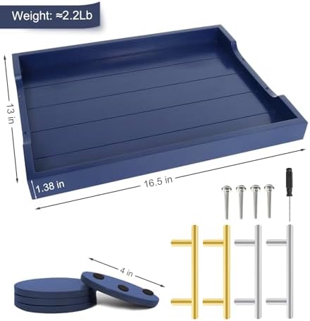 SXNOWS Wooden Serving Tray with 2 Sets of Handles,Navy Blue