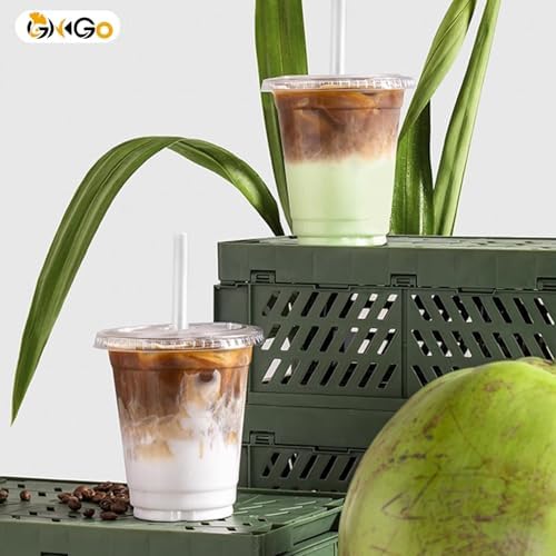 Ginkgo 100 Pack 12 oz Plastic Iced Coffee Cups with Lids and Straws