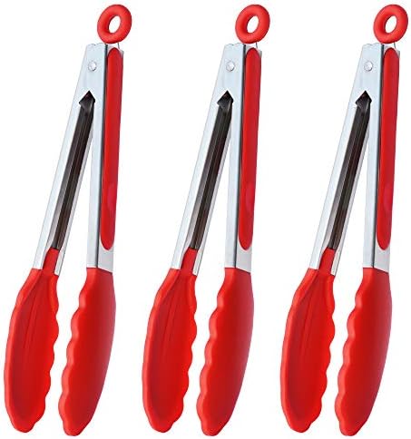 HINMAY Silicone Cooking Tongs 9-Inch Serving Tongs, Set of 3 (Red)
