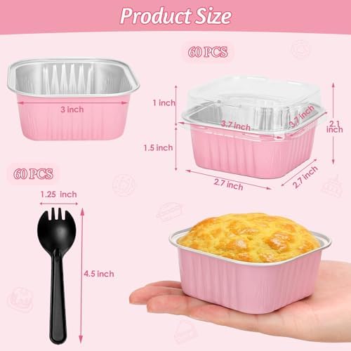 selizo 60 Pack 5oz Mini Disposable Cake Pans with Lids, Aluminum Foil Square Baking Cups, 3.5x3.5 Small Baking Cake Tins Cup Cake Containers with Lids for Individual Cakes