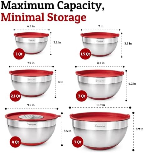Priority Chef 6Pc Stainless Steel Mixing Bowls with Lids Set, Huge 7 Qrt Size Metal Bowl Set for Kitchen, 3 Graters, Non-Slip Bases & Silicone Utensils Set, Red