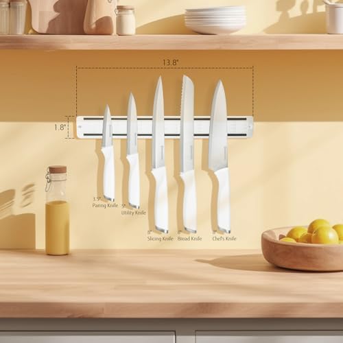 White Knife Set with Magnetic Strip for Wall,6-Piece