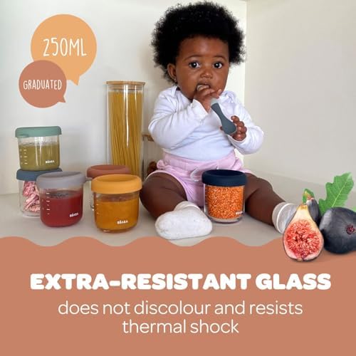 BEABA 8 oz Glass Baby Food Jars with Soft Silicone Air Tight Lids, Glass Storage Containers with Lids, Microwave and Freezer Safe Containers, Sage