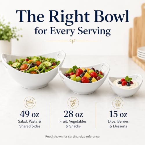 Ceramic Serving Bowls with Handles, Large Salad Bowl Set for Entertaining, Mixing, Serving Dishes for Parties, Kitchen, Housewarming & Everyday Use, Set of 3, 15/28/49 oz