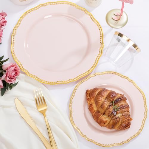 Hioasis 350 Pcs Pink and Gold Plastic Plates for Wedding & Party