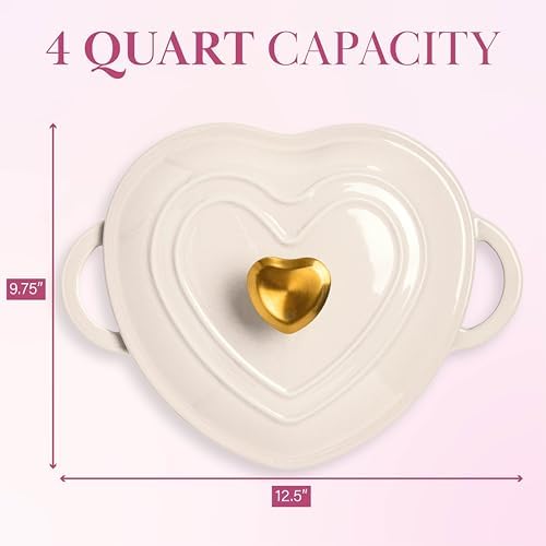 Paris Hilton Enameled Cast Iron Dutch Oven Pot with Lid, Heart-Shaped Dutch Oven, Durable Cast Iron Pot with Dual Handles, Oven Safe to 500°F, Works on All Stovetops, 4-Quart, Cream