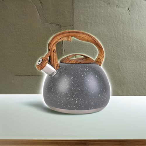 Tea Kettle, Vegoran 100 OZ / 3 Liter Whistling Tea Kettle, Tea Pots for Stove Top Food Grade Stainless Steel with Wood Pattern Folding Handle, Loud Whistle Kettle for Tea, Coffee, Milk (Gray)