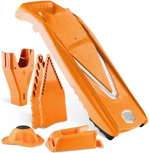 Börner Mandoline Slicer V5 (Professional Set) • Adjustable Vegetable Slicer (7-piece) • 10 Cutting Styles • Kitchen Slicer incl. Docking Station • Stainless Steel V-Blade • Color: Orange