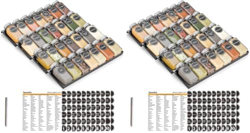 SpaceAid Spice Drawer Organizer with 28 Spice Jars, 386 Spice Labels, 4 Tier Seasoning Rack Tray Insert for Kitchen Drawers, 13" Wide x 17.5" Deep (Pack of 2)