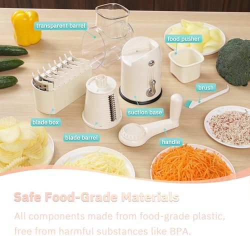 ENERGEVITY Hand Crank Rotary Cheese Grater, 5-in-1 Vegetable Slicer (White)