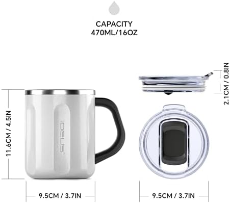 Ideus 16 oz Insulated Coffee Mug with Lid and Handle (Snow Mountain White)