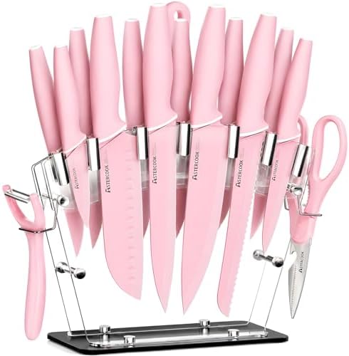 Astercook Knife Set with Block and Sharpener, 22 Piece Kitchen Knife Set Dishwasher Safe, Space-Saving Clear Knife Block with Knives for Everyday Home Cooking Pink