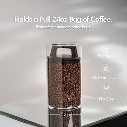 KIVY Vacuum Coffee Canister - Push Lid Preserves Coffee Aroma & Oil - Glass